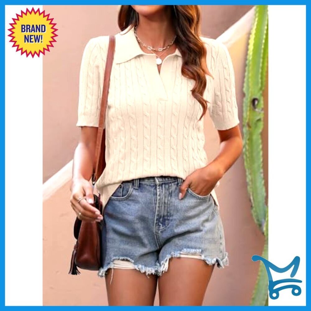 Short Sleeve V Neck Cable Knit Sweater Top Loose Fit Casual Summer Pullover - Picture 3 of 7